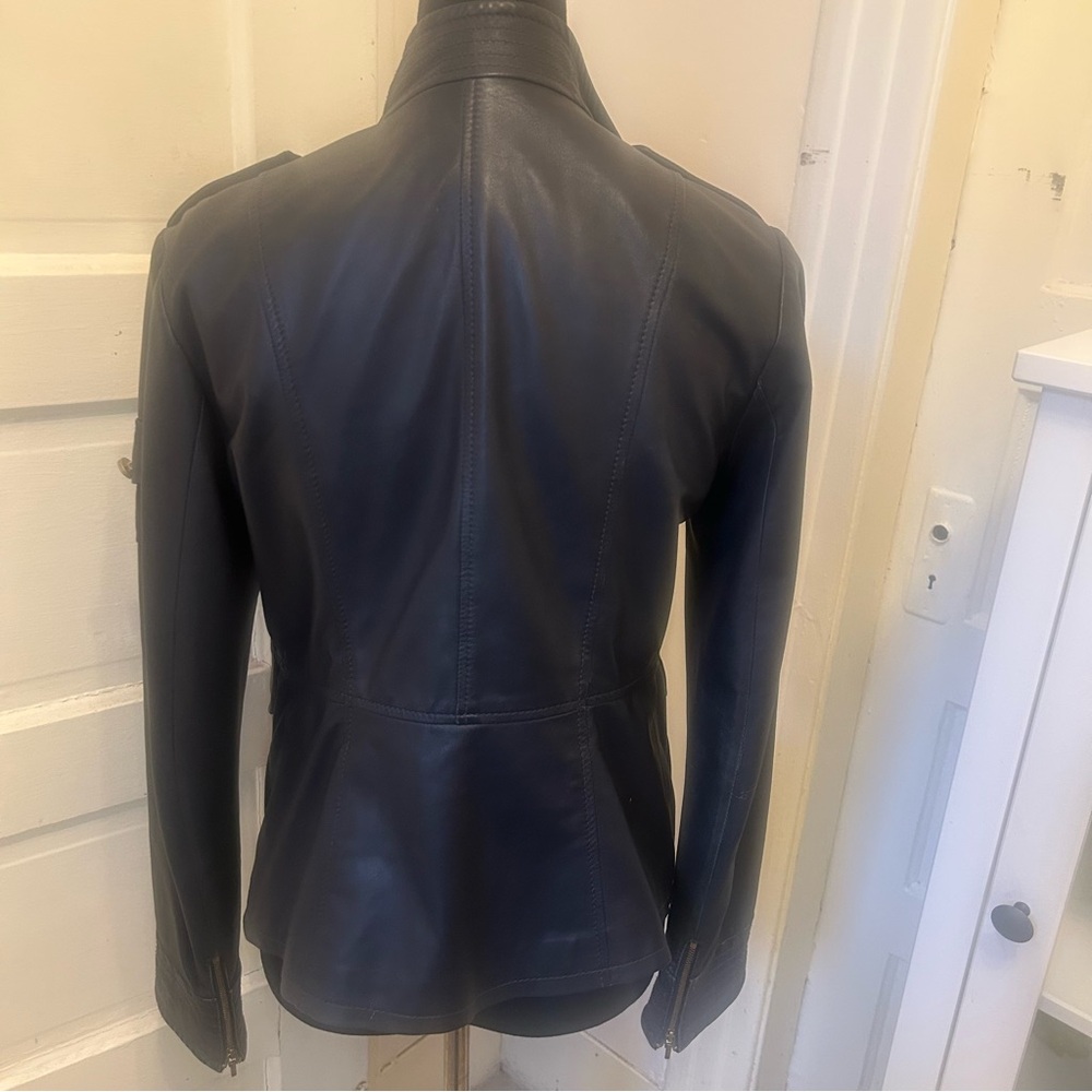 TORY BURCH Lamb Leather Navy Leather Moto Jacket Utility Quiet Luxury Coquette - Picture 10 of 11